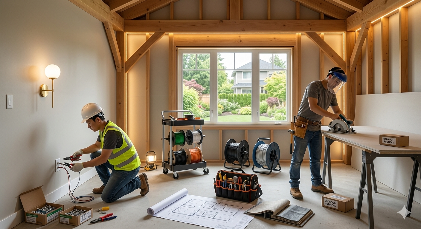 Single room remodel in progress with exposed timber framing, fresh drywall, and contractors at work